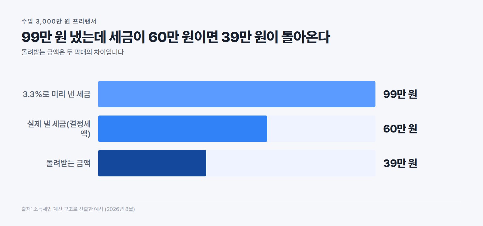 연 수입 3000만 원 프리랜서의 기납부세액 99만 원과 결정세액 60만 원, 환급 39만 원